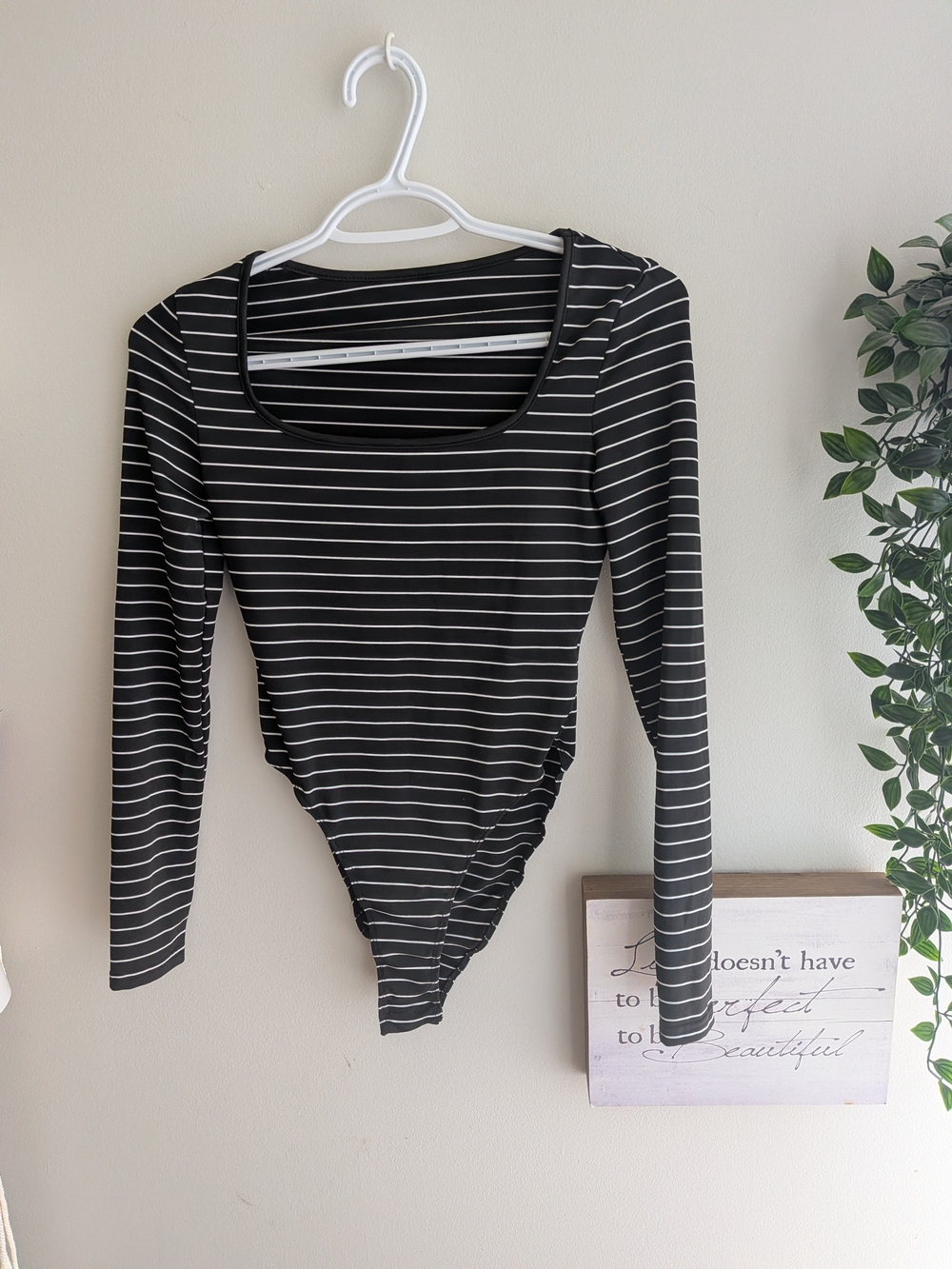NWOT SHEIN Black and White Striped Long-Sleeve Scoop Neck Bodysuit